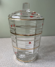 1950s Vintage Glass Candy Jar with Lid with Red Stars and Gold Trim