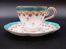 Antique George Jones & Sons Demitasse CUP & SAUCER Blue Band Pink Roses 16605