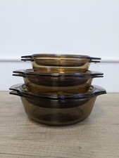 Set Of 3 Pyrex Dishes Cornings Casserole Amber Brown Glass Lids Vision - Kitchen