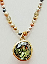"ONE" BUTTON TAG BEADED NECKLACE PRETTY CUT GLASS STONE. GOLD TONE. 16"