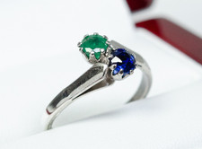 835 Silver - Antique Toi-Et-Moi Ring - 0.40 Ct Emerald - 0.45 Ct Sapphire