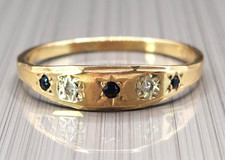 Vintage 9ct Gold Diamond & Sapphire Gypsy Ring Size T 1/2, Birmingham 1977