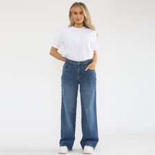 Ladies Wide Leg Jeans Womens Baggy High Waisted Stretch Denim Pants All Waists