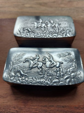 Nice Pair Early 20th Century Hallmarked Pewter Snuff Boxes with Hunting Scenes