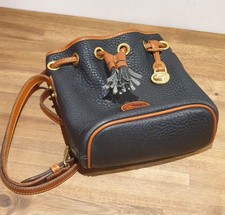 Vintage Leather Brass Bucket Bag Dooney & Bourke USA All Weather Dark Blue Tan