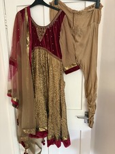 Ladies Red Velvet and Gold Churidar Indian Dress Suit Size 14