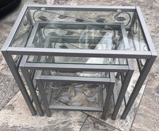 Stackable Grey Metal Glass Top Nest of 3 Tables, make ideal coffee or side table