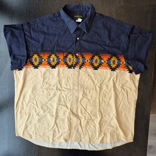 Wrangler Rustler Shirt 2XL Mens Large Blue Tan Aztec Short Sleeve Cowboy Western