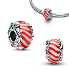 🩷 Candy Cane Stripe Glass Murano Bead Charm S925 Silver 🩷