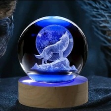 3D Laser Engraving Luminous Crystal globe Wolf Night Lamp Table Lamp Great Gift 