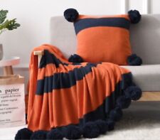 Luxury knitted striped blanket Pom Pom Throw Navy& Orange 140x200cm
