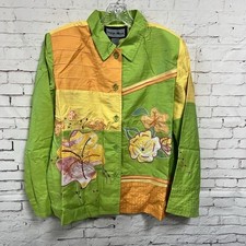 NWT Indigo Moon Jacket Medium Green Button Up Long Sleeve Floral Art To Wear QVC