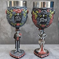 Mr & Mrs Gothic Wedding Goblets Set of 2 Black Red Roses Chalices Skull Macabre