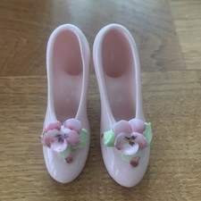 Pair of Vintage Miniature Ceramic Shoes Pink With Flowers