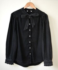 Ex TU Black Demin Oversized Bow Tie Neck Balloon Sleeve Shirt/Blouse Size 10-14