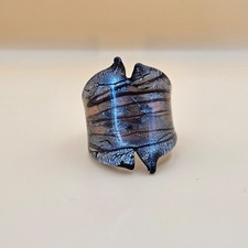 Vintage Murano Glass Ring Artisan Black Silver Wide Band Cocktail  Size P