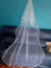 white veil 2 tier chapel length with comb satin edge V506