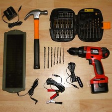 Black Decker 12V Cordless Screwdriver Drill, UK Mains Solar Car Charger EXTRAS