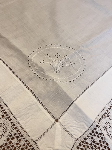 Antique linen tablecloth hand - tablecloth,