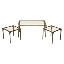 MID CENTURY MODERN BRASS & SMOKED GLASS COFFEE TABLE & PAIR OF SIDE NEST TABLES