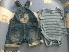 3-6m Mothercare Baby boys outfit denim dungarees teddy bear bodysuit romper cute