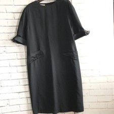 Simon Ellis Dress Vintage Black Shift UK 18 Satin Trim Pockets Back Button Gold