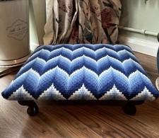 Vintage Blue Needlepoint Geometric Low Footstool  Swanglen Furniture
