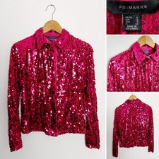 Bright Pink Cerise Sequinned Long Sleeve Button Front Shirt Top  Blouse Size 10
