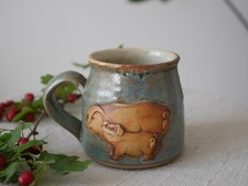 Stoneware Pig and Piglet Mug, Rustic Pottery Cup With Blue Glaze