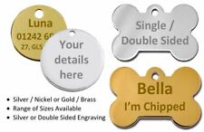 Personalised Round / Bone Engraved Dog ID Name Tag Small / Large Pet / Cat Tags
