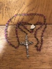 Antique rosary Pink glass Beads silvered crucifix cross France
