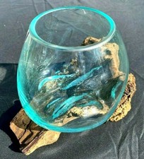 STUNNING HAND MOLTEN GLASS BOWL ON RECLAIMED TEAK WOOD BASE