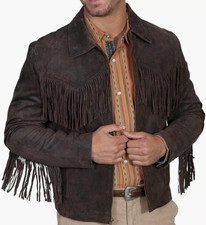 Men's Leather Western Jacket With Fringe Cowboy Style Suede Leather Dark Brown