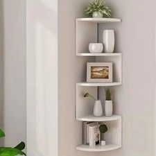 White 5 Tier Floating Corner Shelf Wooden Storage Display Rack Unit Wall Mounted