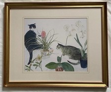 VTG Elizabeth Blackadder Two Cats & Botanical Flowers Framed Print Wall Art