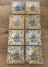 Antique Victorian Blue Floral Fireplace Tiles 6” x 6” Complete Set of 8 (T-1)