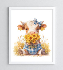 Cow Art Print, Cow With Blue