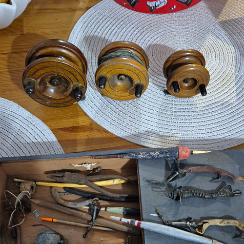 Three vintage wooden fishing