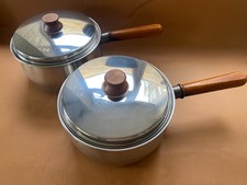 2 vintage Prestige Lifetime copper bottom pans with wooden handles & lids