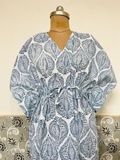 India Blue Floral Kaftan Summer Bikini Cover Up Maxi Beach Kimonos Dresses US