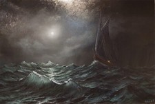 Sailing wooden boat at night