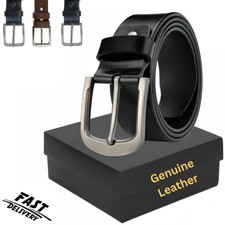 Mens Genuine Leather Belt Belts Real New Buckle For Trouser Jeans Black Brown UK