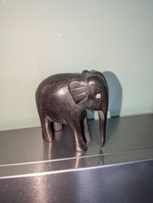 Vintage Hand Carved Elephant Possibly Ebony Wood – Inlaid Eyes – Rustic Decor