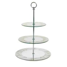 3 TIER CAKE STAND ROUND MIRRORED GLASS  GOLD GLITTER CROSS LINES PATTERN