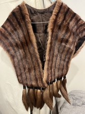 Vintage Brown Real Mink Fur Stole Cape Shawl Wrap Satin Lining Mink Fur Tassels