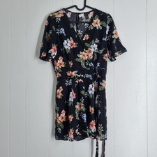 New Look Women's Black Floral Wrap Dress 10 Tie-Waist Surplice Neck Cottage Core