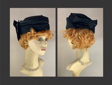Vintage 1960s Black Viscose Pillbox Hat With Large Rear Beaded Bow Fully Lined