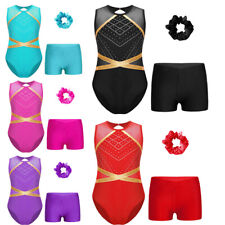UK Kids Girls Gymnastics Ballet Dance Leotard with Shorts Hair Scrunchies Outfit