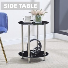 2 Tier Round Black Tempered Glass Sofa Side End Table Bedside Table with Storage
