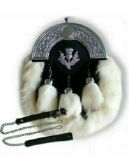  Full Dress White Leather Sporran Brass Cantle Scottish Kilt Wallet 3 Tasels W-B